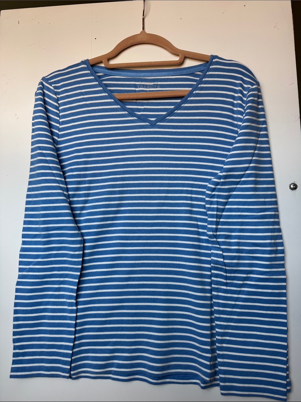 Talbots Blue White Striped Long Sleeve V-Neck Tee, Large